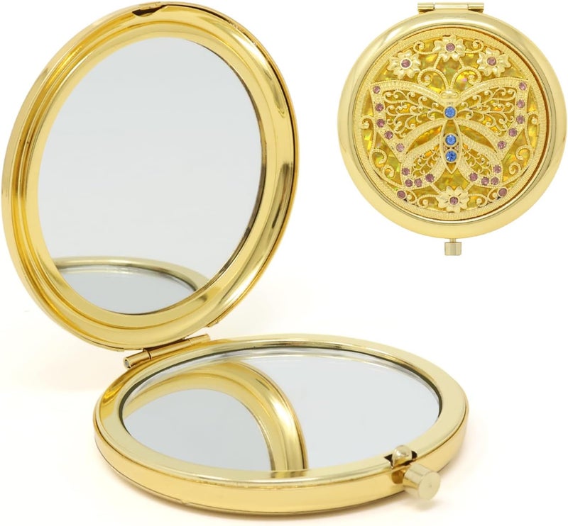 yueton 1 Pack Vintage Gold Compact Mirror Round Mini Makeup Mirror Practical Magnifying Pocket Mirror Portable Cosmetic Mirror for Daily Life Travel