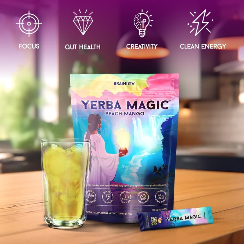Brainista Yerba Magic Peach Mango - Instant Yerba Mate Powder Sticks for Energy, Focus & Gut Health - 20 Servings - Image 3