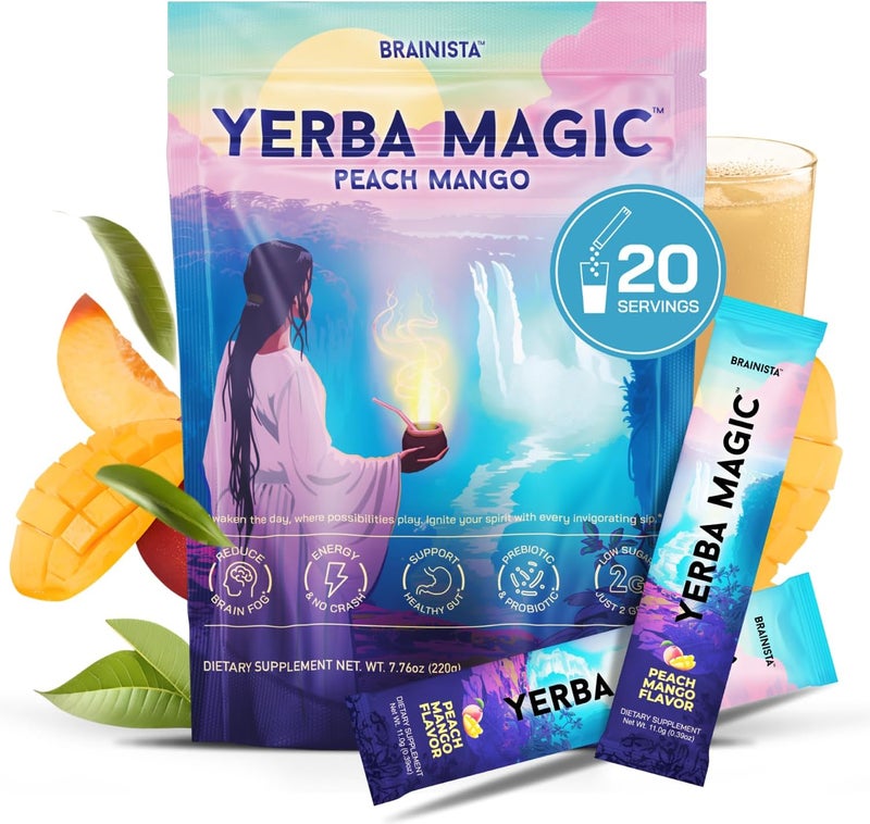Brainista Yerba Magic Peach Mango - Instant Yerba Mate Powder Sticks for Energy, Focus & Gut Health - 20 Servings - Image 1