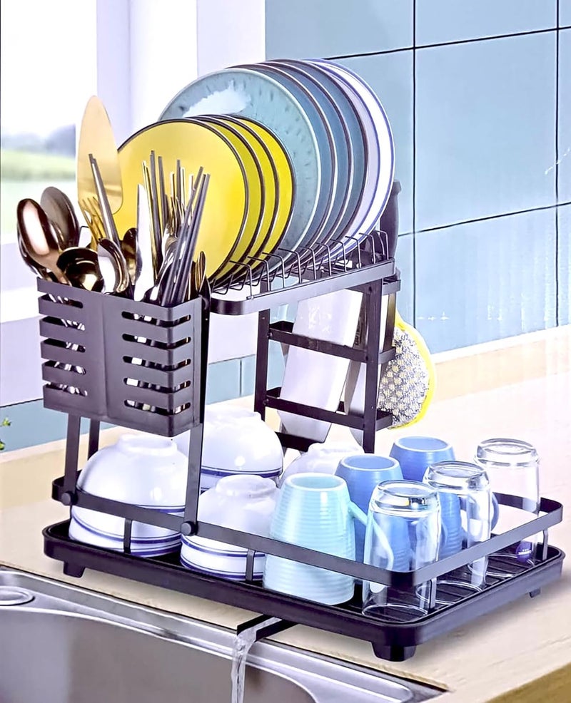 Krevia Krevia Kitchen Storage Rack | 2 Tier Stainless Steel Free Standing Storage Organizer | Dish Drainer with Drainboard for Kitchen Storage Plates Bowl Gloves Post Shovel Chopsticks (Black)  - Image 3