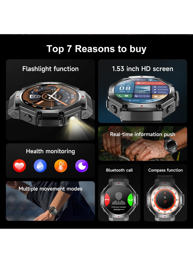 RollsTimi  Men's Smart Waterproof Sports Watch, Bluetooth Call, 1.53"Inch High-Definition Touch Screen, Multi-Dimensional Health Monitoring, With Flashlight and Compass,Long-Lasting Battery Life TR3MAX Silver Brown - Image 3