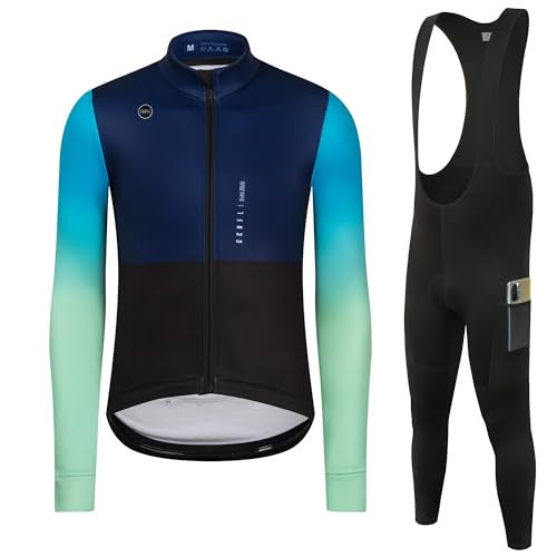 GCRFL Winter Cycling Kit Men's Cycling Jersey Set Long Sleeves Jersey Bike Pants Cycling Clothing Softshell Windbreaker (Blue Set, M) - Image 1