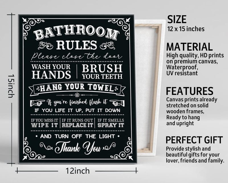 WKYAER Bathroom Canvas Wall Art, Funny Rustic Bathroom Rules Prints, Canvas Prints Poster, Size 12x15 - Image 3