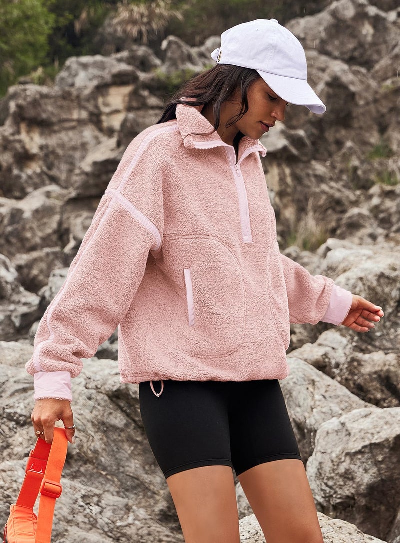 Yanekop 1/4 Zip Pullover Women Zip Up Sweatshirt Fleece Pullover Christmas Sweaters Long Sleeve V Neck Sweaters(Pink Mixed,M) - Image 4