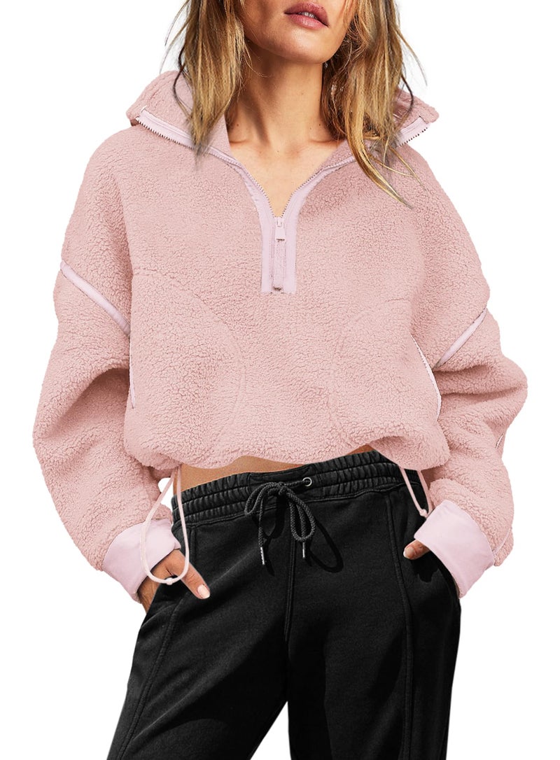 Yanekop 1/4 Zip Pullover Women Zip Up Sweatshirt Fleece Pullover Christmas Sweaters Long Sleeve V Neck Sweaters(Pink Mixed,M) - Image 2