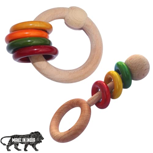 Gift Equals Love Wooden Hand Crafted Rattle Set for Kids, Babies, Infants, Non Toxic Finished by Indian Artisans- Multi Color (Set of 2) - Image 1