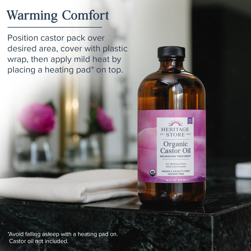 HERITAGE STORE Organic Cotton Flannel - Castor Oil Pack Wrap - Reusable Organic Cotton Flannel Fabric for Castor Oil Packs - Castor Oil Compress for Abdomen and Joints, 60-Day Guarantee, 13 x 15 in - Image 3