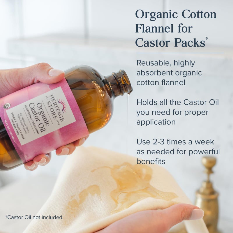 HERITAGE STORE Organic Cotton Flannel - Castor Oil Pack Wrap - Reusable Organic Cotton Flannel Fabric for Castor Oil Packs - Castor Oil Compress for Abdomen and Joints, 60-Day Guarantee, 13 x 15 in - Image 2