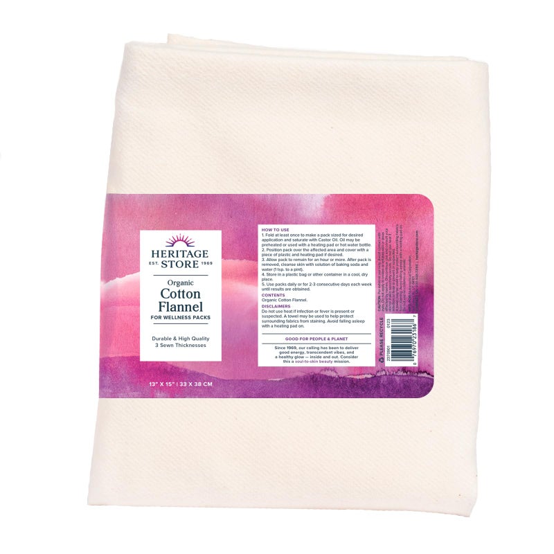 HERITAGE STORE Organic Cotton Flannel - Castor Oil Pack Wrap - Reusable Organic Cotton Flannel Fabric for Castor Oil Packs - Castor Oil Compress for Abdomen and Joints, 60-Day Guarantee, 13 x 15 in - Image 1