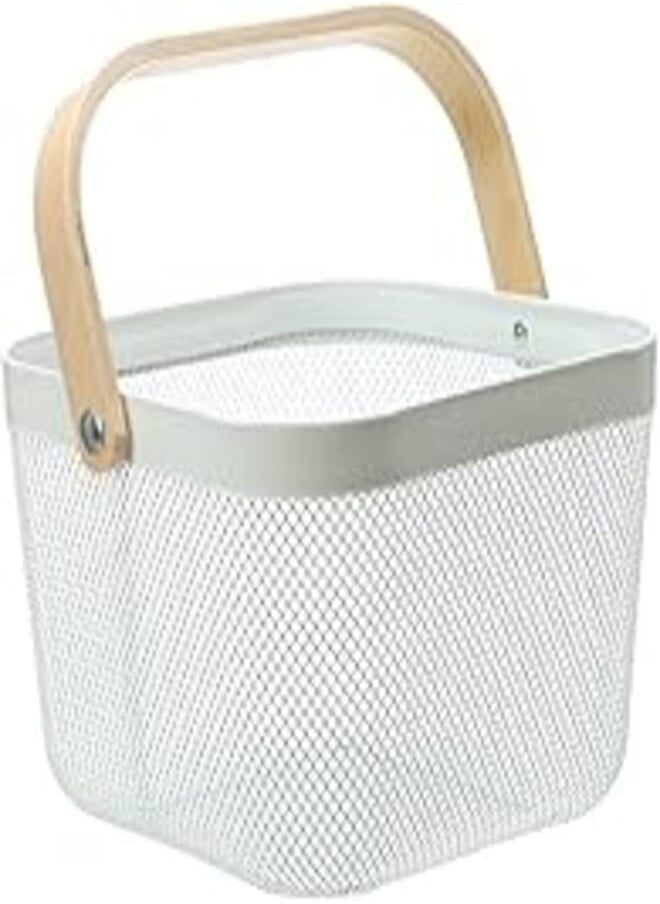 Ymeibe - Ymeibe Mesh Steel Storage Organizer Basket Fruit Basket Bin with Wood Handle Ideal for Kitchen Bathroom Picnic Pantry Cabinets Storage Home Decor (White) - Image 1