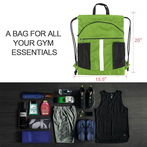 BeeGreen Fruit Green Workout Bag Drawstring Backpack with Shoe Compartment Large String Bag Sackpack with Front & Inner Zipper Pockets and Water Bottle Pockets Sports Cinch - Image 2