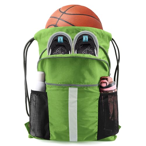 BeeGreen Fruit Green Workout Bag Drawstring Backpack with Shoe Compartment Large String Bag Sackpack with Front & Inner Zipper Pockets and Water Bottle Pockets Sports Cinch - Image 1