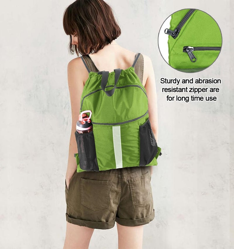 BeeGreen Fruit Green Workout Bag Drawstring Backpack with Shoe Compartment Large String Bag Sackpack with Front & Inner Zipper Pockets and Water Bottle Pockets Sports Cinch - Image 5