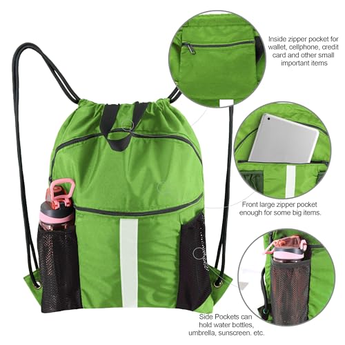 BeeGreen Fruit Green Workout Bag Drawstring Backpack with Shoe Compartment Large String Bag Sackpack with Front & Inner Zipper Pockets and Water Bottle Pockets Sports Cinch - Image 4