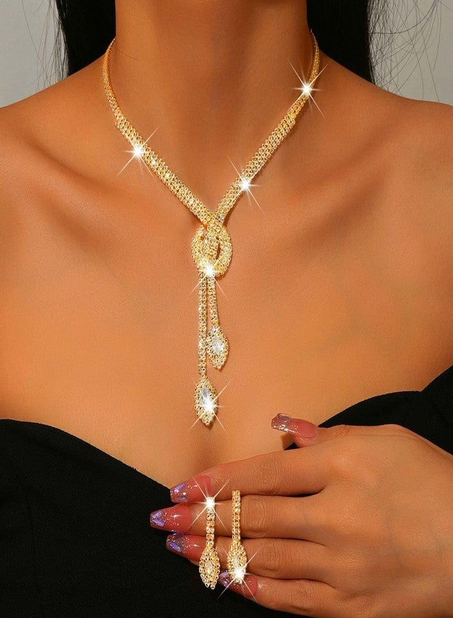 كيلشي طقم مجوهرات كيلشي المرصع بأحجار الراين، طقم عقد وأقراط للعرائس، مجوهرات أزياء لحفلات التخرج للنساء (ذهبي) - Image 5