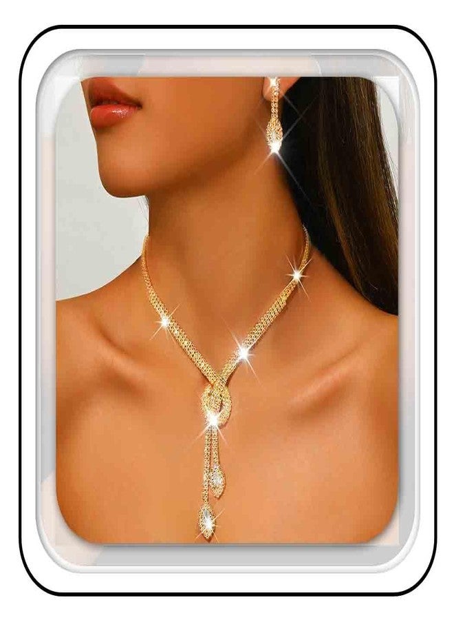 كيلشي طقم مجوهرات كيلشي المرصع بأحجار الراين، طقم عقد وأقراط للعرائس، مجوهرات أزياء لحفلات التخرج للنساء (ذهبي) - Image 1