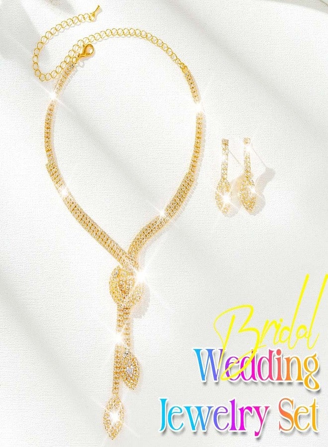 كيلشي طقم مجوهرات كيلشي المرصع بأحجار الراين، طقم عقد وأقراط للعرائس، مجوهرات أزياء لحفلات التخرج للنساء (ذهبي) - Image 2