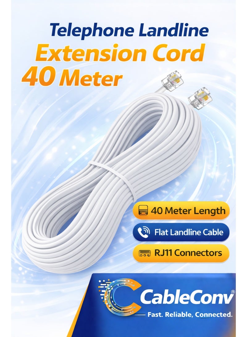 ​كابل كونف سلك تمديد خط الهاتف الأرضي بطول 40 مترًا، كابل مسطح RJ11 - سلك تمديد هاتف عالي السرعة ومتين - Image 1