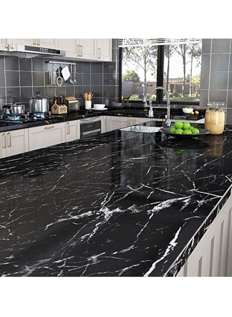YelaJoy Marble Paper Self Adhesive Wallpaper Waterproof Gloss PVC Vinyl Oil Proof Granite Paper Black Marble Vinyl Paper for Furniture Cover Surface Countertop Kitchen Shelf Liner 40cm x 500cm - Image 2