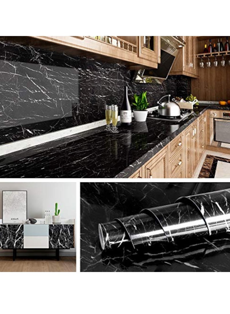 YelaJoy Marble Paper Self Adhesive Wallpaper Waterproof Gloss PVC Vinyl Oil Proof Granite Paper Black Marble Vinyl Paper for Furniture Cover Surface Countertop Kitchen Shelf Liner 40cm x 500cm - Image 1