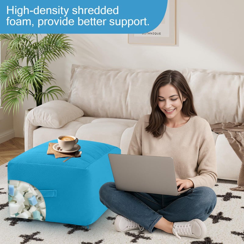 MeMoreCool Square Stuffed Pouf Ottoman Foot Rest, Floor Pouf Foot Stool with Foam Chunk Filling, Soft Stuffed Ottoman Footrest for Living Room, Blue - Image 4