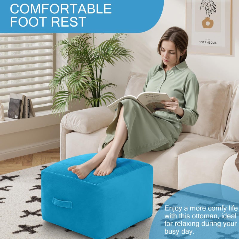 MeMoreCool Square Stuffed Pouf Ottoman Foot Rest, Floor Pouf Foot Stool with Foam Chunk Filling, Soft Stuffed Ottoman Footrest for Living Room, Blue - Image 2