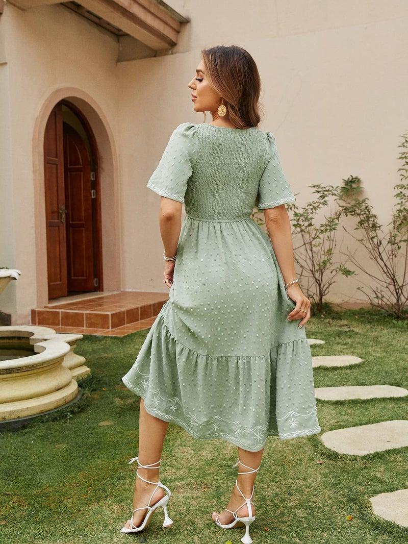 Glamaker Women's Summer Casual Short Sleeve Smocked Square Neck A Line Flowy Midi Dress Midi Dress - Image 5