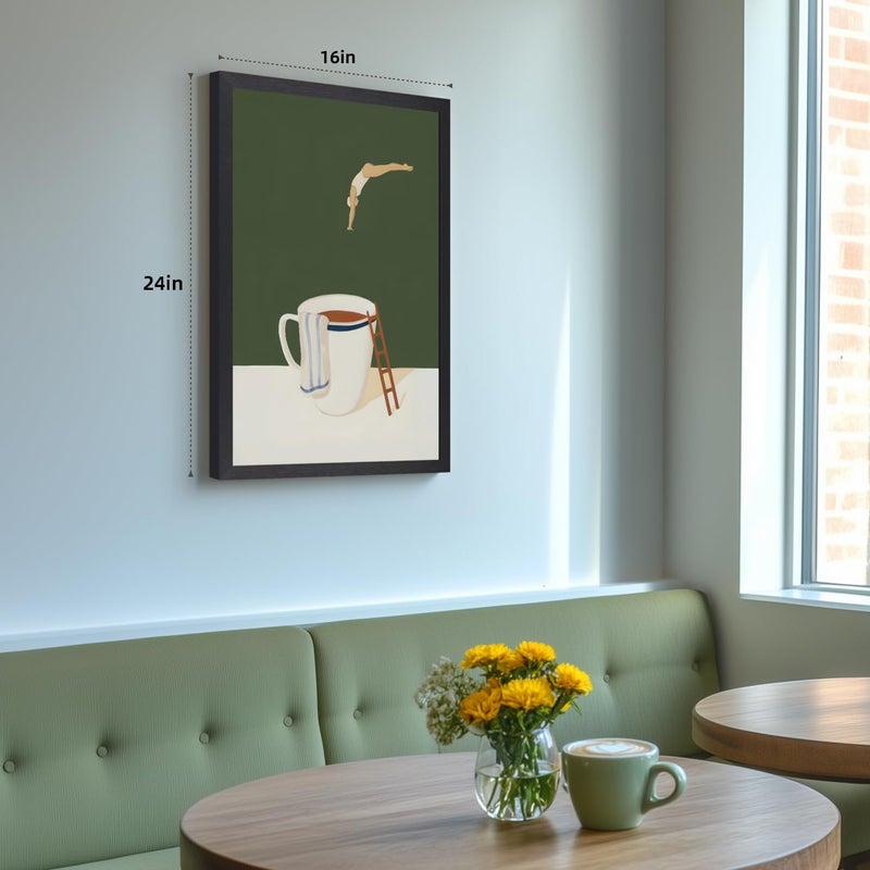 Cyebmo Modern Coffee Wall Art, Funny Diver Wall Decor, Vintage Kitchen Wall Decor, Minimalist Cafe Canvas Painting, Green Abstract Espresso Artwork for Kitchen Cafe Coffee Bar Wood Framed 12x16 Inch - Image 3