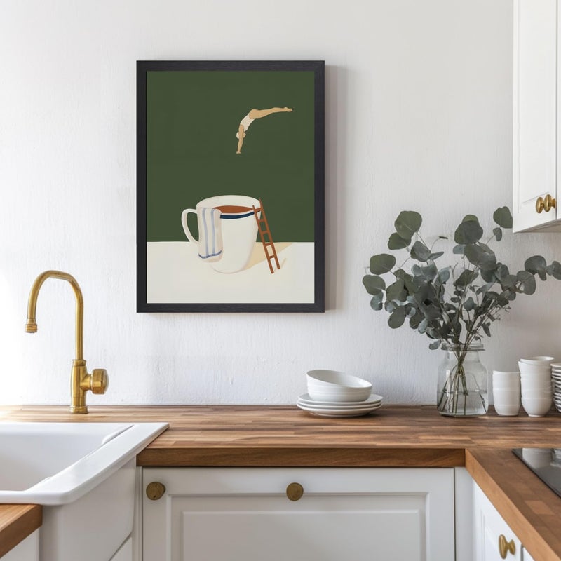 Cyebmo Modern Coffee Wall Art, Funny Diver Wall Decor, Vintage Kitchen Wall Decor, Minimalist Cafe Canvas Painting, Green Abstract Espresso Artwork for Kitchen Cafe Coffee Bar Wood Framed 12x16 Inch - Image 2
