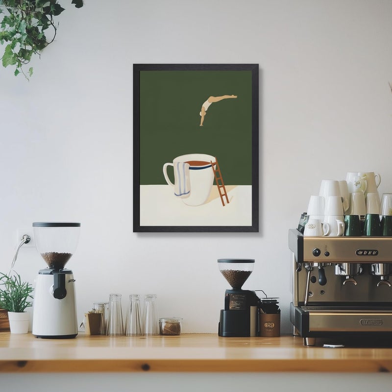 Cyebmo Modern Coffee Wall Art, Funny Diver Wall Decor, Vintage Kitchen Wall Decor, Minimalist Cafe Canvas Painting, Green Abstract Espresso Artwork for Kitchen Cafe Coffee Bar Wood Framed 12x16 Inch - Image 4
