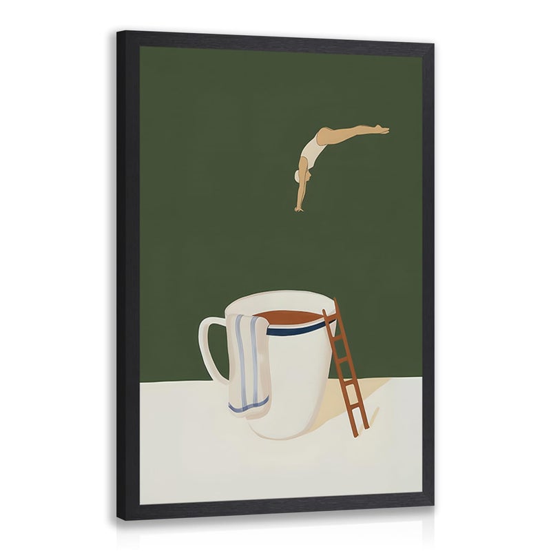 Cyebmo Modern Coffee Wall Art, Funny Diver Wall Decor, Vintage Kitchen Wall Decor, Minimalist Cafe Canvas Painting, Green Abstract Espresso Artwork for Kitchen Cafe Coffee Bar Wood Framed 12x16 Inch - Image 1