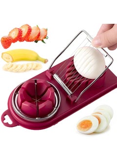 2-in-1 Egg Slicer for Hard Boiled Eggs, Multipurpose Boiled Egg Cutter Strawberry Slicer for Food Vegetable Fruit, Stainless Steel Wire with 2 Slicing Styles (Purplish red)