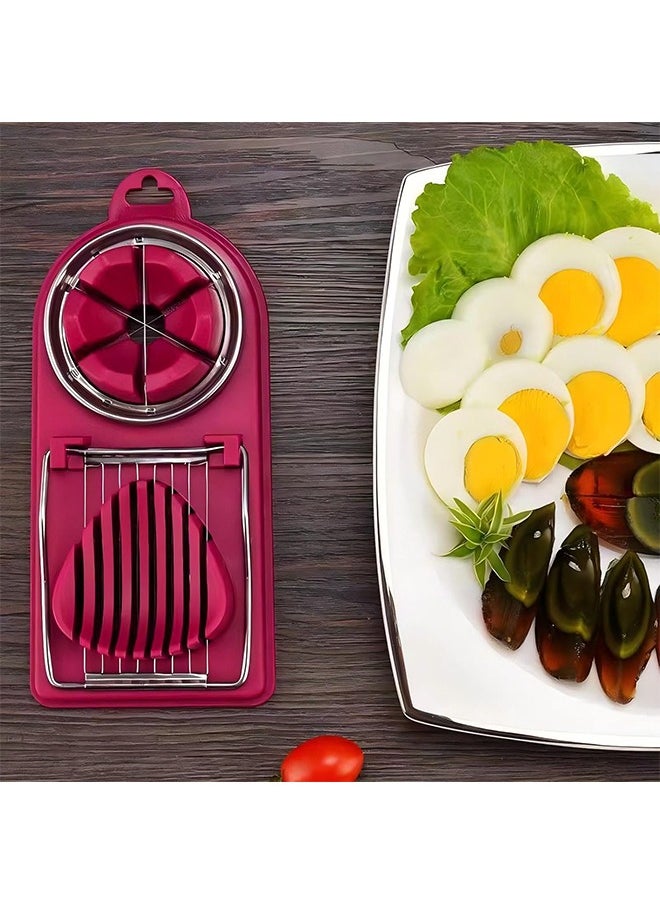 HY - 2-in-1 Egg Slicer for Hard Boiled Eggs, Multipurpose Boiled Egg Cutter Strawberry Slicer for Food Vegetable Fruit, Stainless Steel Wire with 2 Slicing Styles (Purplish red) - Image 1