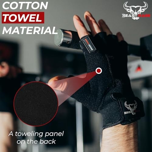 BEAST RAGE Workout Gloves for Men, Durable Palm Grip Gym Gloves Women Half Finger Training Weight Lifting Strength Bodybuilding Anti Slip Cycling Gloves Exercise (Jet Black, XL) - Image 3