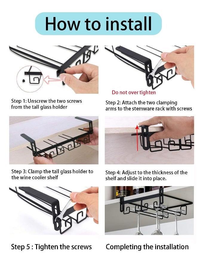 Adjustable Under-Cabinet Metal Stemware Rack, Hanging Rack Glassware Holder Bar Storage Rack, 2 Rows Black Metal Wine Glass Storage, Wine Glass Holders Storage Under Shelf for Kitchen Cabinet Bar  - Image 4