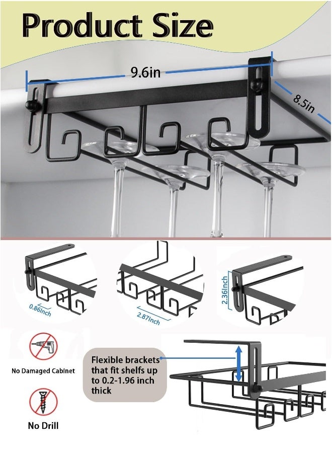 Adjustable Under-Cabinet Metal Stemware Rack, Hanging Rack Glassware Holder Bar Storage Rack, 2 Rows Black Metal Wine Glass Storage, Wine Glass Holders Storage Under Shelf for Kitchen Cabinet Bar  - Image 5