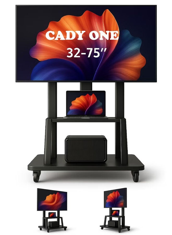 كادي ون عربة تلفزيون متحركة للشاشات المسطحة والمنحنية LCD و LED 4K من 32 إلى 75 بوصة، 50، 55، 60، 65، 70 75 بوصة، حامل تلفزيون متحرك قوي مزود بعجلات بحد أقصى للوزن يصل إلى 110 رطل،حامل أرضي قابل للتحريك مع رف  - Image 1