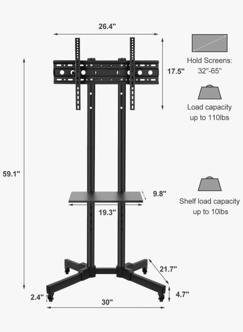 كادي ون عربة تلفزيون متحركة مع عجلات قابلة للقفل لشاشات LED المسطحة مقاس 32-75 بوصة، حامل تلفزيون طويل مع حامل تلفزيون أرضي قابل للتعديل، يتحمل حتى 50 كجم بحد أقصى 600 × 400 مم - Image 5