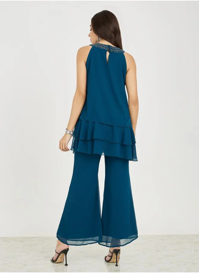 Styli Layered Chiffon Sleeveless Long Top & Flared Pants Co-Ords