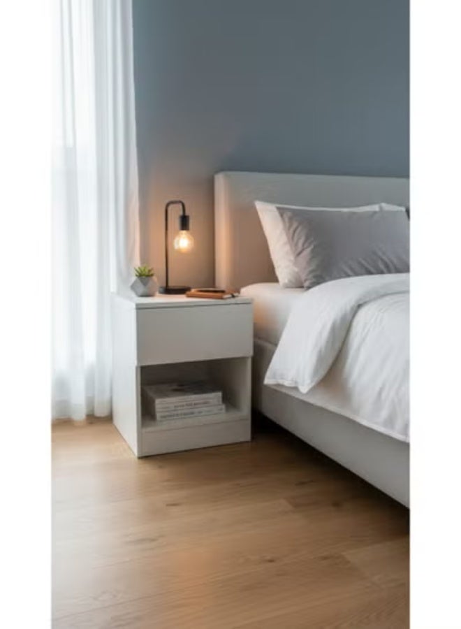 bedside table features a modern and stylish design with a storage drawer and an open shelf for organizing books or flowers, perfect for bedrooms or living rooms.
