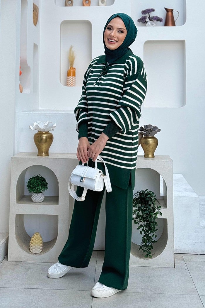 Bym Fashion Collar Tie Detailed Tunic and Trousers Two Piece Knitwear Set 2-1515 Emerald  - Image 2