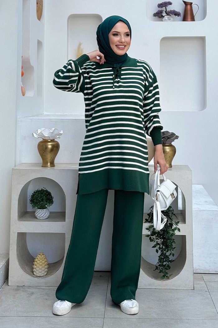 Bym Fashion Collar Tie Detailed Tunic and Trousers Two Piece Knitwear Set 2-1515 Emerald  - Image 1