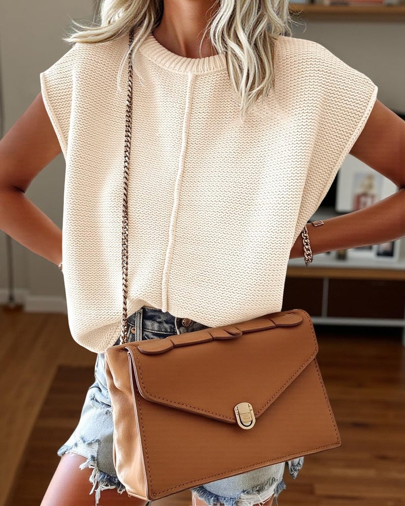 Saodimallsu Womens Summer Cap Sleeve Tops Casual Crew Neck Loose Fit Knit Lightweight Sweater Pullover Top Apricot - Image 3