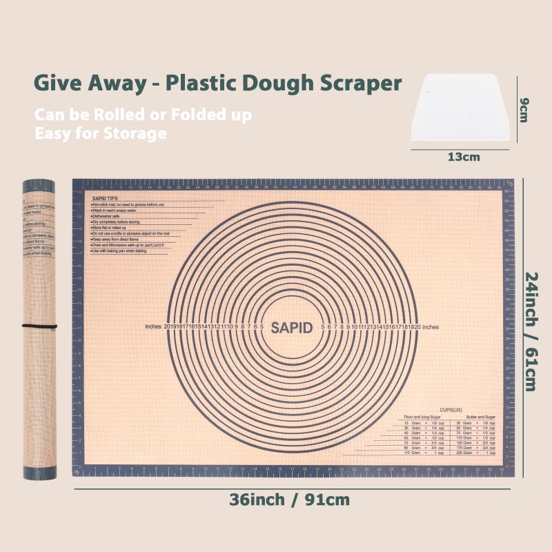 Sapid Extra Thick Silicone Pastry Mat Non-slip with Measurements for Non-stick Silicone Baking Mat Extra Large, Dough Rolling, Pie Crust, Kneading Mats, Countertop, Placement Mats (24" x 36", Gray) - Image 2