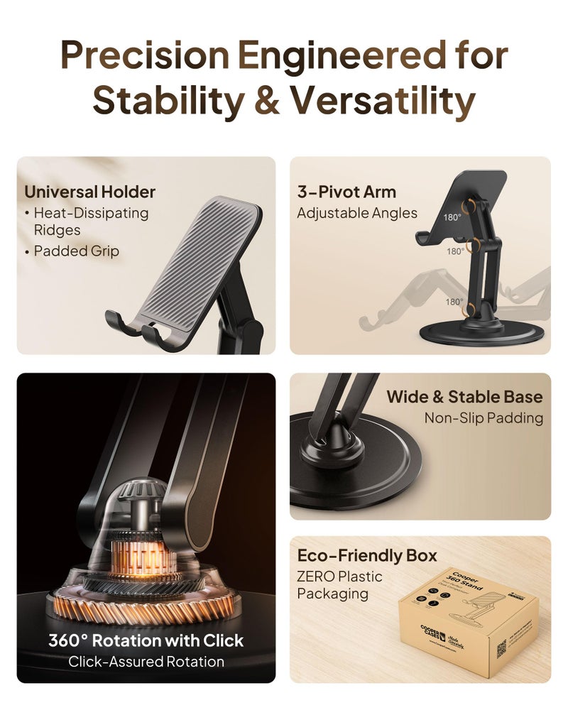 COOPER 360Â° Stand, [Gift Family Pack], Rotating Cell Phone Stand for Desk, Cell Phone Holder for Desk, iPhone Stand Holder, Sturdy Metal Base, Fits Samsung, Android Smartphones, (Black White, 2-Pack) - Image 5