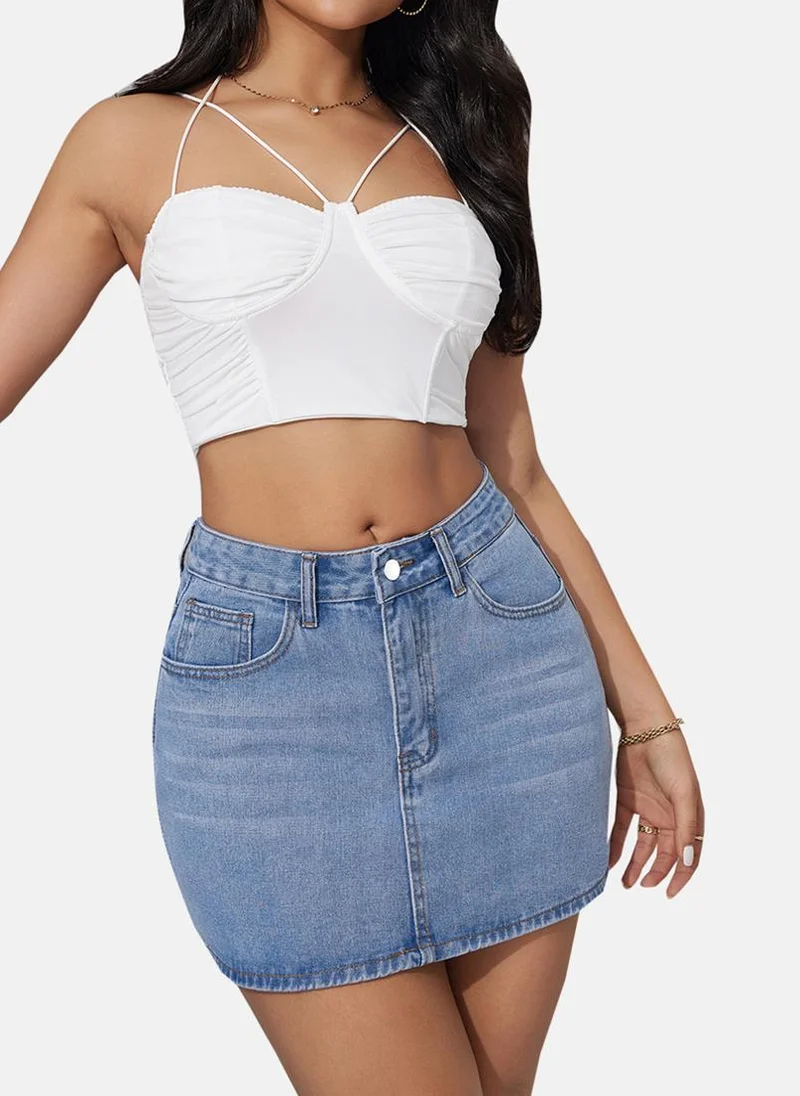 YUNIQEE Blue Solid Denim Mini Skirt