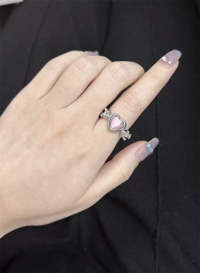Dtja Pink Heart Twisted Band Ring for Women Silver Plated Cat Eye Love Promise Statement Open Wrap Finger Ring Comfort Fit Fashion Wedding Birthday Mother's Day Jewelry Gift - Image 2