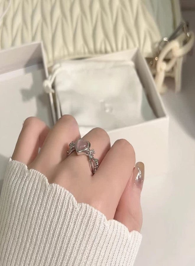 Dtja Pink Heart Twisted Band Ring for Women Silver Plated Cat Eye Love Promise Statement Open Wrap Finger Ring Comfort Fit Fashion Wedding Birthday Mother's Day Jewelry Gift - Image 3