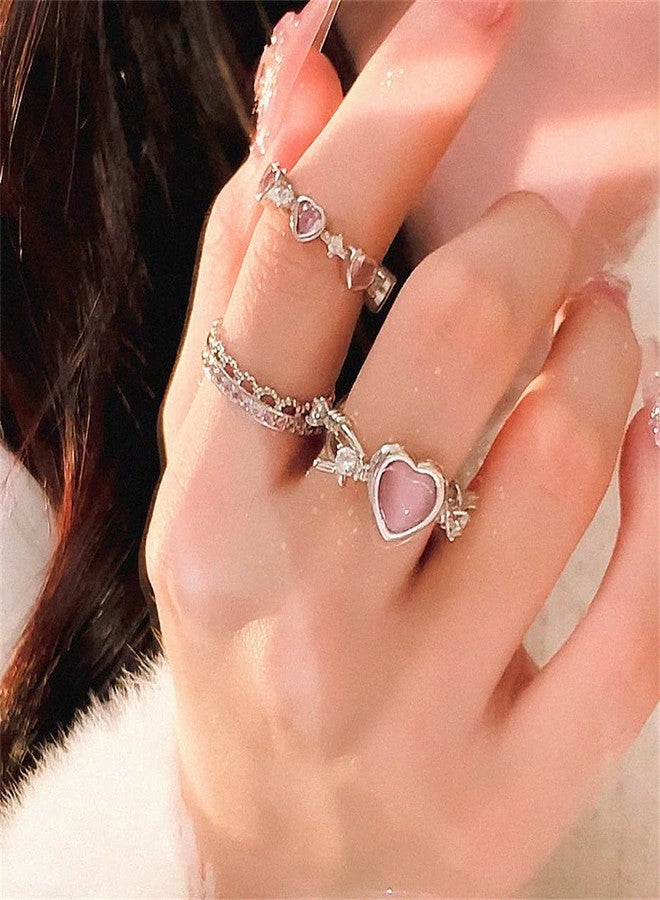 Dtja Pink Heart Twisted Band Ring for Women Silver Plated Cat Eye Love Promise Statement Open Wrap Finger Ring Comfort Fit Fashion Wedding Birthday Mother's Day Jewelry Gift - Image 4