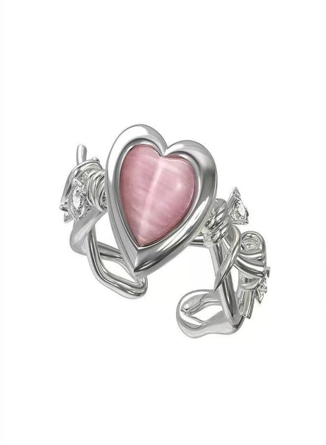 Dtja Pink Heart Twisted Band Ring for Women Silver Plated Cat Eye Love Promise Statement Open Wrap Finger Ring Comfort Fit Fashion Wedding Birthday Mother's Day Jewelry Gift - Image 1